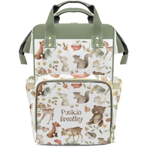 Woodland Forest Animals Personalized Diaper Bag Backpack,Customized Nappy Backpack for Travel Outdoor with Name,Custom Mommy Bag Gifts for Newborn Baby New Mom Dad
