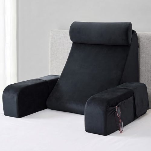 19" Reading Pillow for Bed with Firm Back Support & Big Pockets | Back Pillow for Bed Sitting Up/Watching TV/Nursing/Recovery/Gaming,High Density Foam Filling,Machine Washable Cover,Grey