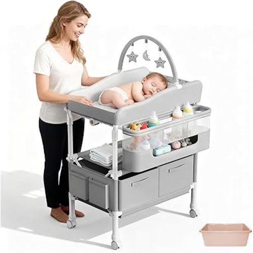 Portable Baby Changing Table 2-in-1 Baby Change Station Foldable Baby Bath Stand Diaper Change Table