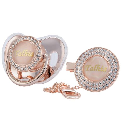 Custom Any Name Can Make Personalized Bling Pacifier and Pacifier Clip Set (Rose Gold)