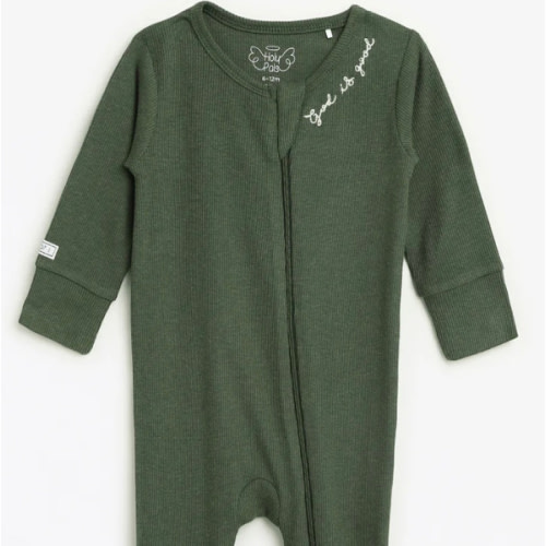 Solid Olive PJ Footed Onesie Ribbed Cotton-Bamboo Blend