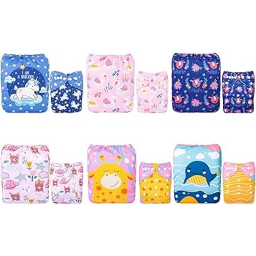 ALVABABY Baby Cloth Diaper 6 Pack with 12 Inserts One Size Cloth Diaper Covers Adjustable Washable Reusable for Baby Girls and Boys