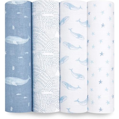 aden + anais Boutique Organic Swaddle Blanket 4-Pack – 100% Organic Cotton Muslin, Large, Soft, Breathable Receiving Blankets for Infants – Lightweight Multi-Use Baby Swaddles, Animal Kingdom
