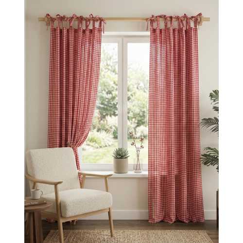Hand Block Printed Cotton Gingham Curtains, Red Checkered Custom Panels (Set of 2)
