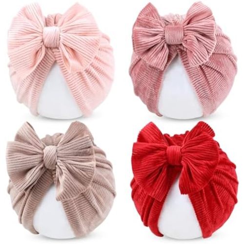 Cinaci 4 Pieces Baby Girls Turban Hats with Bow Newborn Hospital Caps Bonnets Beanies Headwraps for Infants Toddlers
