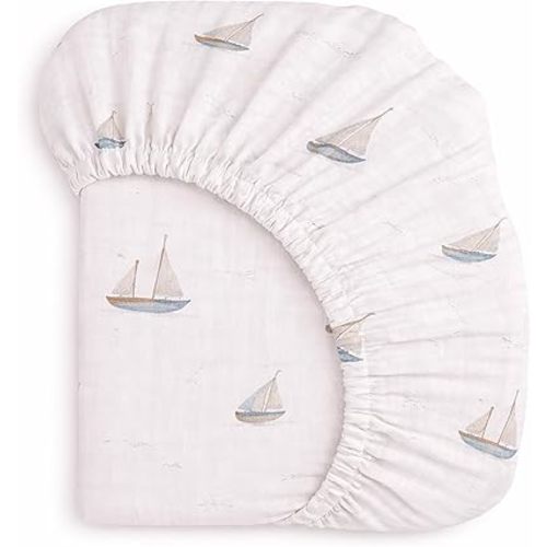 Ababy Custom Size Baby Fitted Sheet Muslin Cotton for Baby Boy or Girl – Crib, Bassinet & Toddler Mattress – Soft Breathable, 360° Elastic, Machine Washable, Pattern Designs (Sailboat Print)
