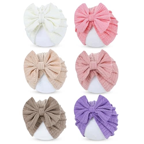 Cinaci 6 Pack Nursery Hospital Caps Bonnets Beanies Headwraps Turban Hats with Bow for Baby Girls Newborns Infants Toddlers