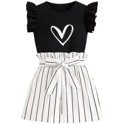 Girls 2 Piece Outfits Summer Ruffle Sleeve Top and High Waisted Striped Shorts Set for Girls 7-14