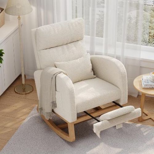 TackView Rocking Chair with Footrest, Teddy Fleece Glider Chair with Side Pockets, Nursery Chair with Pillow,White