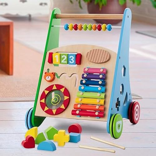 Wooden Baby Walker Baby Push Learning Walker for Toddlers Boys and Girls – with Multiple Activity Center – Updated with Speed Control Feature - Birthday Gift-Baby Toys – Kids’ Activity