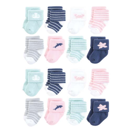 Hudson Baby Cotton Rich Baby Terry Socks 16-Pack, Pink Dolphin, 0-6 Months