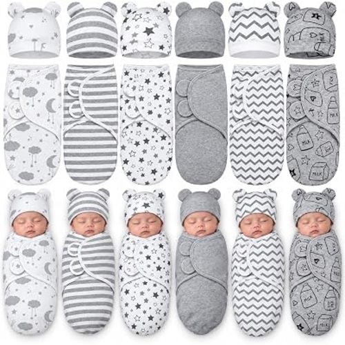 Ramede 6 Pack Preemie Swaddle with Hat, 100% Cotton, Star, Grey