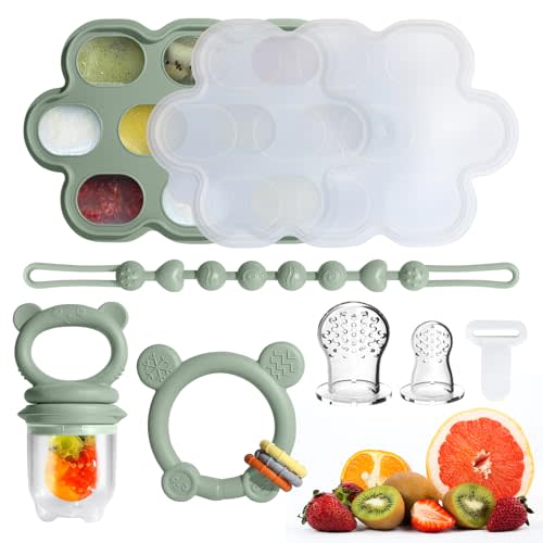 Baby Fruit Food Feeder & Breastmilk Popsicle Molds for Teething Relief, Baby Feeding Sets, 1 Freezer Tray with Lid & 1 Teether Toy & 1 Silicone Teething Pacifier Feeder, Extra Food Pouches (Green)