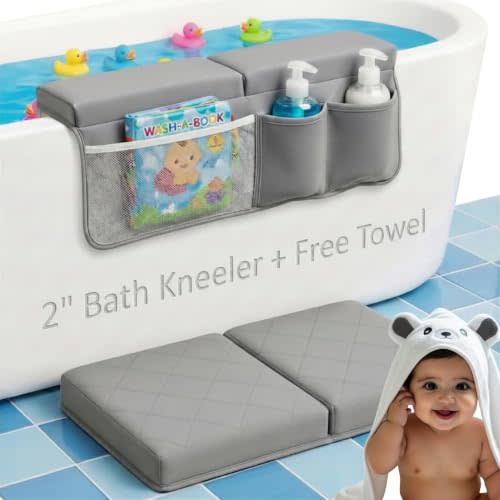 2inch XL Baby Bath Kneeler and Elbow Rest Pad Set + Hooded Towel - Embroidered Kneeling Pad for Bathing Baby - Dual-Layer Memory Foam Bathtub Kneeler and Elbow Rest Set