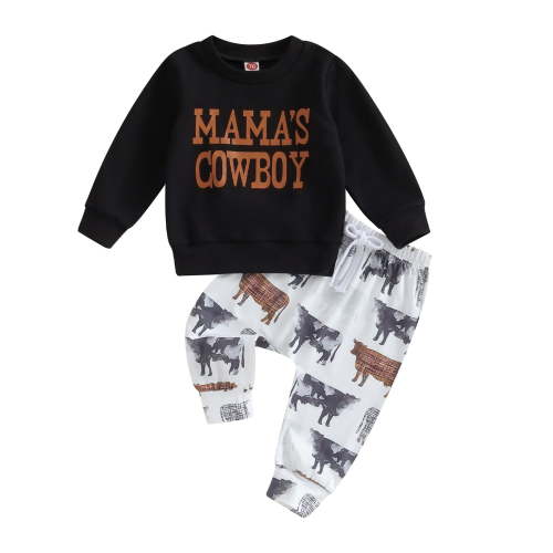 Western Infant Baby Boy Clothes 6M 12M 18M 24M Cow Print Pullover Sweatshirt Drawstring Sweatpants Cowboy 2Pcs Outfits