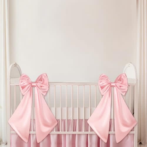 Suncalla 2 Pcs Large Pink Bows for Decoration 12" x 24" Pink Crib Bows Ribbon Coquette Double Layer Satin Silk Baby Crib Bedding for Nursery Baby Shower Curtain Tie Backs Bachelorette Wedding Decor