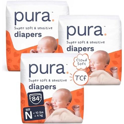 Pura Baby Diapers Newborn (Up to 10 lbs) 84 Count Sensitive Skin