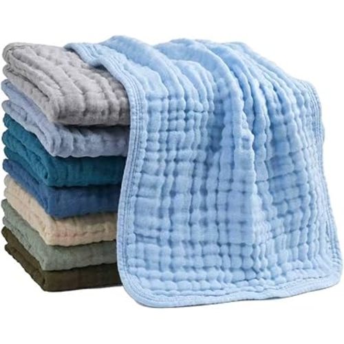 Muslin Burp Cloths for Baby Boys - 6 Layer Large 20"x10" Organic Cotton Burping Cloths, Ultra Soft Absorbent, Pack of 8, Spit Up Rags Drool Wash Cloths Baby Essentials Registry