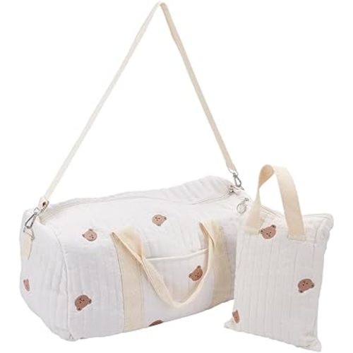 WEBEEDY 2 Styles Diaper Bag Tote with Bear Pattern Large Travel Diaper Tote with Zippered Handbag Cotton Multifunction Mommy Diapers Totes Reusable Diapers Organizer Bag for Christmas Hospital Gift