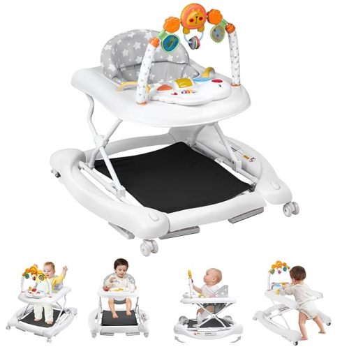 Baby Walker, 5 in 1 Baby Walkers for Boys Girls 6-12 Months, Foldable Walkers for Babies with Bouncer & Feeding Tray, Music, Adjustable Heights, Activity Walker for Infant