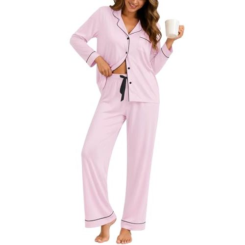 ZMJ Womens Pajama Sets 2 Piece Long Sleeve Button Down Sleepwear with Pants | Soft Stretch Fabric, Relaxed Fit and Contrast Piping for Lounging, Travel, Bridal Parties, Daily Wear and Gifting