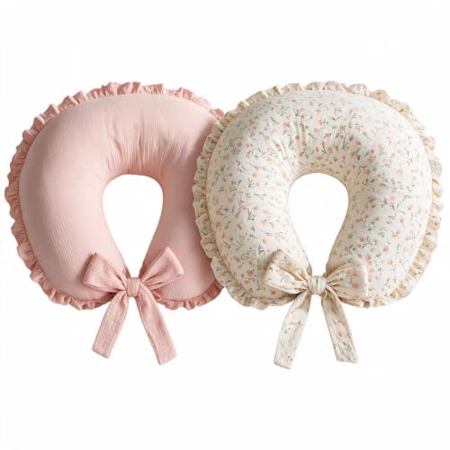 Hooyax Muslin Nursing Pillow Covers 2 Pack, Ruffle Breastfeeding Pillow Slipcovers with Extended Adjustable Strap, Soft Breathable Pillow Cover for Baby Boys Girls, Blush Pink Floral