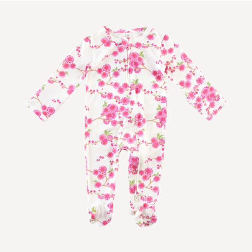 long sleeve two way zipper footie | pink cherry blossom | bamboo