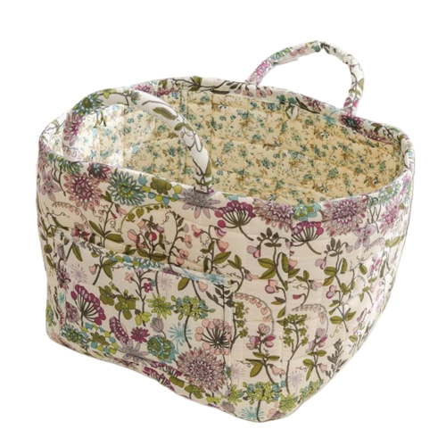 Boho Fabric Storage Basket with Handles, Large Capacity Foldable Floral Organizer for Clothes and Sundries, Quilted Puffer Tote Bag for Home, Picnic, Shopping, Travel