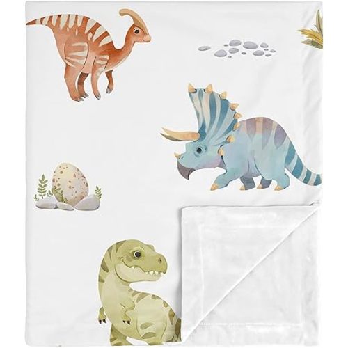 Sweet Jojo Designs Watercolor Dinosaur Dino Boy Soft Baby Blanket Receiving Security Stroller Swaddle Toddler Newborn Infant Kids Travel Warm Minky Green Slate Blue White Modern Jurassic Animal Steel