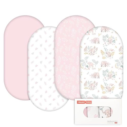 Gllquen Baby Bassinet Sheets 4 Pack, Breathable Cozy Fitted Mattress Sheet, Elastic Travel Crib Fashionable Pattern, Standard Cradle Safe Sheets for Baby Boys Girls 32"x16"(Line-Talk Elephant)