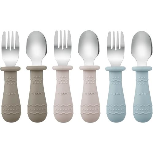 PandaEar Toddler Utensils, 6 Pack Kids Spoons and Forks, 18/8 Stainless Steel & Food Grade Silicone Children Silverware Set, Dishwasher Safe (Light Tan/Walnut/Blue)
