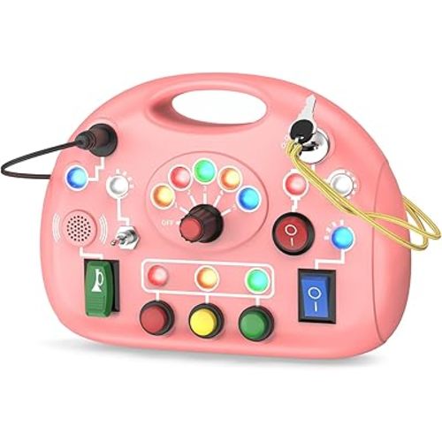 Montessori Busy Board, Busy Board with LED Light for Toddlers 2-4 Year Old, Baby Sensory Board Toddler Travel Toys for Kids My Preschool Busy Book Boy and Girls Birthday Gifts (Pink)