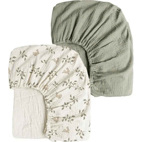 Konssy Muslin Crib Sheets 2 PCS, 100% Cotton Baby Crib Sheets for Standard Crib Mattress (28"x 52"), Soft and Breathable for Boys, Girls (Rabbit,Fog Green)