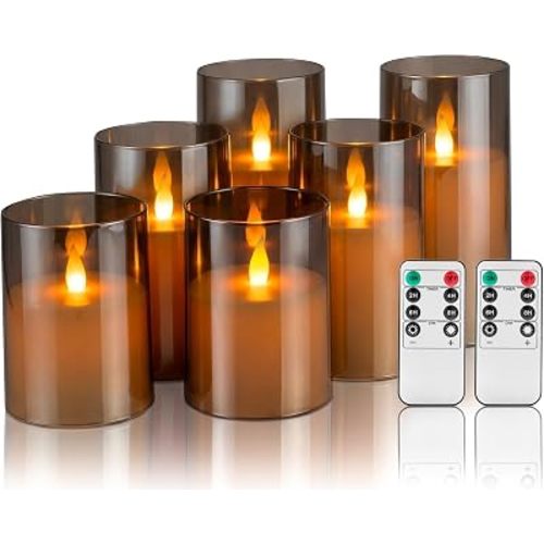 Artmarry Flameless Candles with Moving Climbing Flame, 6-Pack 4" 5" 6" H LED Pillar Candles, 8-Key Remote, Battery Operated (2 AA Not Included), Table Centerpieces & Romantic Decor (Smoky Grey Ivory)