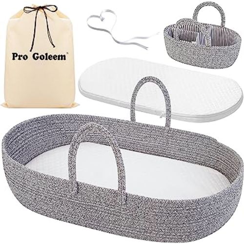 Pro Goleem Baby Diaper Changing Basket, Portable Easy to Clean Moses Basket for Newborn Babies with 1 Foam Pad 2 Waterproof Pad Covers and 1 Diaper Caddy Organizer
