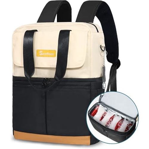 Scothen Backpack Cooler with Double Decker & 12 Ice Packs- Keeps 36 Cans Cold for Up to 24 Hours- Waterproof & Leak Proof Insulated Cooler Backpack- Stylish Cooler Bookbag for Women Travel Work Beach
