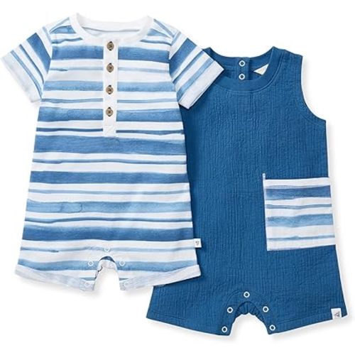 Burt's Bees Baby Baby Boys Rompers, 100% Organic Cotton One-piece Coverall and Layette 2-pack Set
