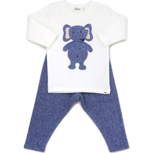 Ragdoll Elephant Long Sleeve Cream Tee Mixed Two Piece Set, 0-3M