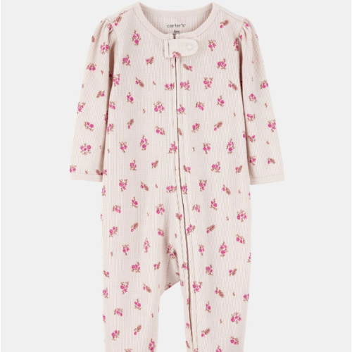 Baby Girl Floral 2-Way Zip Waffle Knit Sleep & Play Pajamas - Khaki | Carter's