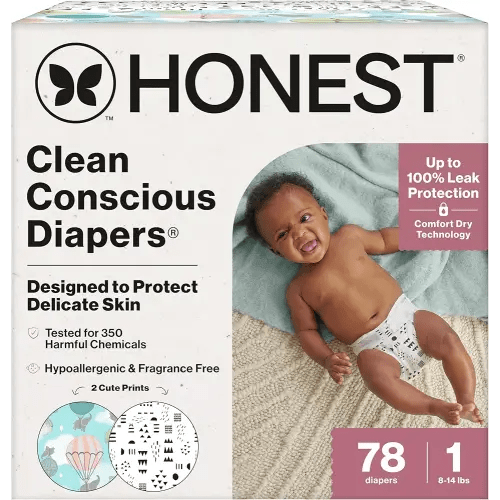 The Honest Company Clean Conscious Diapers for Delicate Skin | Up to 100% Leakproof | Hypoallergenic, Fragrance Free | Gender Neutral | Club Box, Size 1 (8-14 lbs), 78 Count (Prints May Vary)