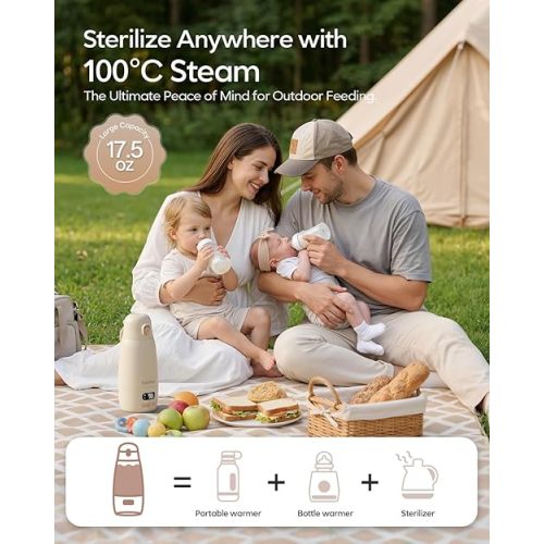 TotRun Portable Bottle Warmer for Travel & Night, Cordless Baby Milk Warmer Cup, Portable Milk Warmer with Fast Heating, Wide-Range Temperature Control (98–212°F), 17.5oz Large Capacity, Keep Warm 32H