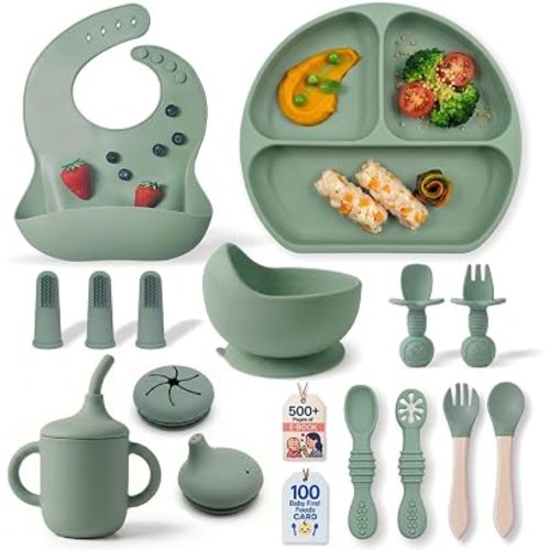 Remonda 17-Piece BPA-Free Baby Silicone Feeding Set | Extra Large Suction Plates, Toddler Bowls, Self Feeding Spoons, and More | Dishwasher Safe| Infant Led Weaning Supplies（Green）
