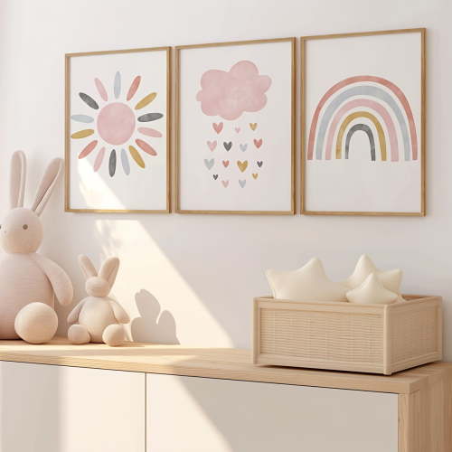 Set of 3 Cute Sun Cloud Rainbow Pink Wall Art Canvas Prints, Bohemian Cloud Heart Rain Poster Prints, Modern Playroom Wall Decor, Spring Decor, Ideal Gift for Living Room, Bedroom, Classroom, Home O