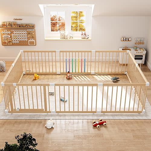 IKALIFE Extra Large Wooden Baby Playpen - Size Adjustable Fence for Babies and Toddlers, Baby Play Yard with Locking Gate, Indoor Play Pen for Kids Activity Center 10 Panels 94.5”×63.5”