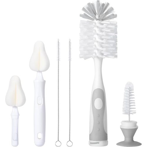 Baby Bottle Brush Set with Nipple Cleaner and Suction, 10.2" Cleaning Brush and 6.5" Sponge Bottle Brush with A Replacement Brush Head and Two 6.7" Straw Brushes, Pack of 5 (Gray)