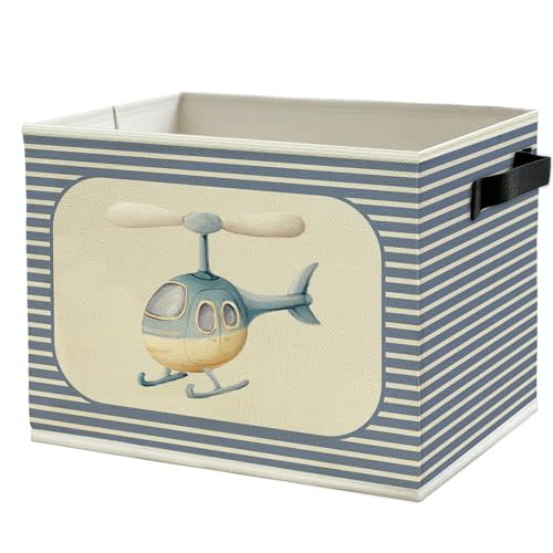 Helicopter Airplane Nursery Boys Storage Bins Box with Handles, Aircraft Blue Striped Collapsible Basket Organizer for Kids Toddler Boys Room Bedroom Playroom Bathroom Books Clothes