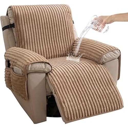 HAOMAIJIA Faux Fur Recliner Chair Covers Non-Slip Waterproof Recliner Covers That Stay in Place Warm Thick Lazy Boy Recliner Cover for Dogs Furniture Protector Pet Friendly (Khaki, 23'')