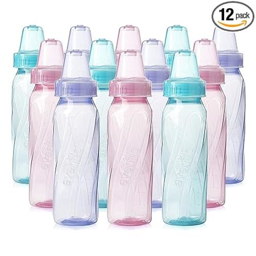 Evenflo Feeding Classic Tinted Plastic Standard Neck Bottles for Baby, Infant and Newborn, Pink/Lavender/Teal, 8 Oz, 12 Bottles