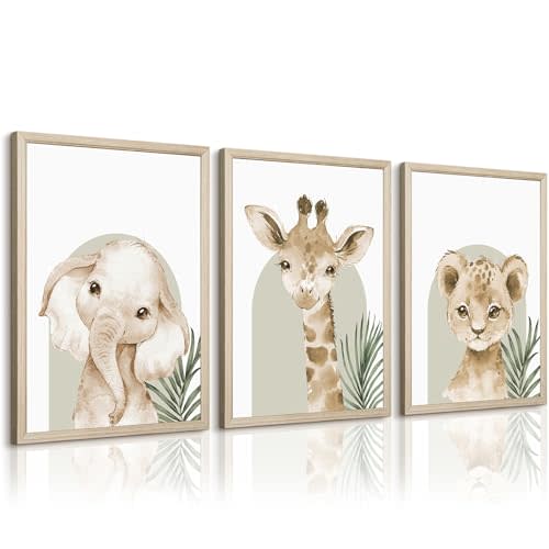 Animal Wall Art Pictures Baby Nursery Canvas Wall Art Decor Safari Animal Prints Jungle kids Wall Art Woodland Nursery Wall Decor Giraffe Jungle Poster for Room 16x24 Inch Wood Framed Set of 3