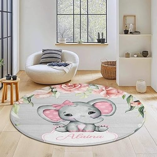 Pink Floral Elephant Personalized Gifts Baby Rugs for Toddler Girls Boys Custom Nursery Rug Soft Non-Slip Mat for Crawling Playing 31.5 in